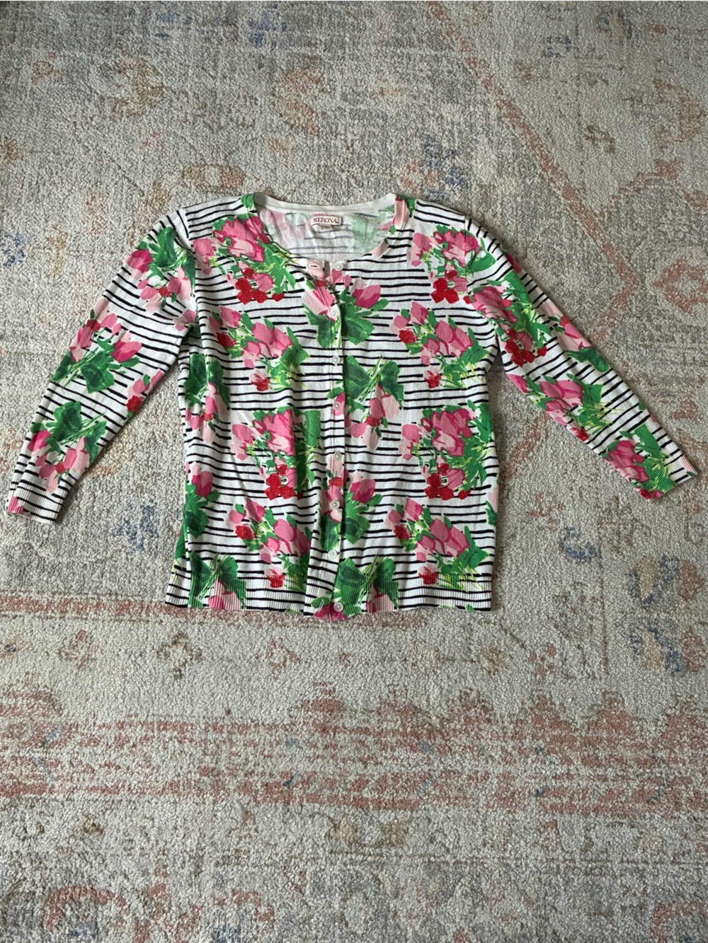 Merona Striped Knit Top with Pink Floral Accents - Size L - Y2K